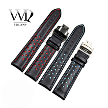 Rolamy 20mm 22mm Real Cowhide Leather Handmade Black Red Blue Replacement Wrist Watch Band Strap Double Push Clasp 2024 - buy cheap