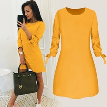 2019 Spring New Fashion Solid Color Dress Casual O-Neck Loose Dresses 3/4 Sleeve Bow Elegant Beach Female Vestidos Plus Size 2024 - buy cheap