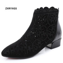 2019 Pointed hollow superfine fiber cowhide leather boots women shoes fashion sandals lace rhinestone shoes low heel women boots 2024 - buy cheap