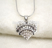 fashion 50pcs a lot rhodium plated WRESTLING  with white crystal heart pendant necklace 2024 - buy cheap