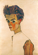 Egon Schiele-Cuadro de lienzo desnudo, Retrato, arte moderno, decoración del hogar, cartel gigante, Autorretrato con camisa a rayas 2024 - compra barato
