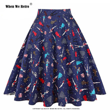 When We Retro Vintage Skirt 50s Retro Swing Pinup Women Ladies Print Rockabilly Skirts A Line Sexy Navy Blue High Waist Skirt 2024 - buy cheap