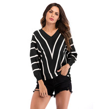 Suéter de punto de manga murciélago para mujer, Jersey a rayas con cuello en V, parte baja holgada, Tops informales, H749, primavera y otoño, 2019 2024 - compra barato