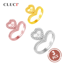 CLUCI-Anillo de Plata de Ley 925 para mujer, accesorio con perlas y corazón de amor, joyería de plata 925, anillo de circón, anillos ajustables SR2145SB, 3 uds. 2024 - compra barato
