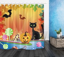 LB Funny Halloween Pumpkin Candies Bat And Black Cat Shower Curtains Bathroom Curtain Waterproof Fabric For Kids Bathtub Decor 2024 - buy cheap