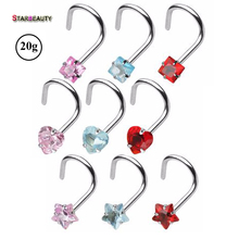 2Pcs Mix Color Star&Heart&Square Zircon Gem Prong Set Screw Twist Curve 20G Nose Screw Rings Piercing Nose Studs Body Jewelry 2024 - buy cheap