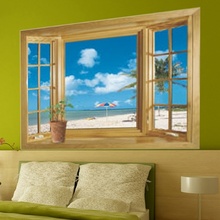 Pegatinas de pared con impresión 3D para ventana, Mural de arte con vista a la playa, paisaje marino, calcomanía, papel tapiz, decoración para sala de estar 2024 - compra barato