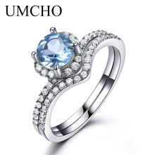UMCHO, небесно-голубой топаз, кольца для женщин, твердые, 925 пробы, серебряные, обручальное, юбилейное кольцо, набор, драгоценный камень, подарок на день Святого Валентина 2024 - купить недорого
