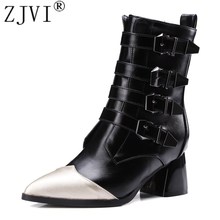 ZJVI-Botines de punta estrecha para mujer, botas de tacón alto cuadrado con hebilla, color negro, para otoño e invierno, 2021 2024 - compra barato