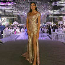 Nyzy e7 sexy alta perna fenda boné mangas vestido de lantejoulas ouro vestido formal robe longue sereia longo vestido de noite 2019 2024 - compre barato