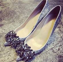 Zapatos de tacón alto para mujer, calzado elegante de plata con purpurina de cristal, puntiagudas, cordón antideslizante, traje de boda para mujer 2024 - compra barato