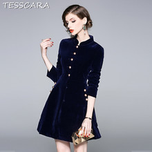 TESSCARA-vestido elegante de terciopelo grueso para mujer, ropa de fiesta de alta calidad, de diseño Vintage, para oficina, Invierno 2024 - compra barato
