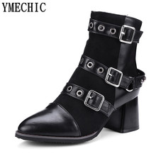 YMECHIC Lady Punk Gothic Belt Buckle Rivets Retro Hoof Heels Vintage Ankle Boots Women Black Plus Size High Heel Shoe Short Boot 2024 - buy cheap