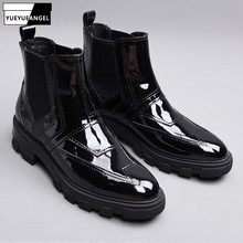 Botas masculinas estilo inglaterra, vintage, couro envernizado, moda para homens, liso, plataforma preta, slip-on, bota de tornozelo, casual, sapatos altos 2024 - compre barato