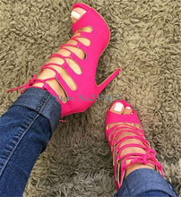 Women Beautiful Fashion Peep Toe Suede Leather Stiletto Heel Gladiator Sandals Lace-up Straps Cross High Heel Sandals 2024 - buy cheap
