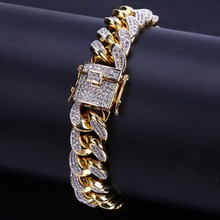 Pulseira masculina de corrente cubana, 13mm, bracelete de hip hop, com strass cz, joias de rapper, cor dourada e prateada 2024 - compre barato