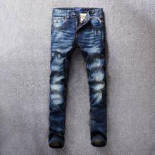 Итальянские винтажные стильные модные мужские джинсы темно-синего цвета, облегающие рваные джинсы, мужские классические джинсовые брюки, уличные джинсы в стиле хип-хоп 2024 - купить недорого