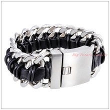 8.46"*30mm 175g 316L Stainless Steel Silver Color Curb Chain Men's Bracelet Bangle Black Genuine Leather Braided Jewelry 2024 - buy cheap