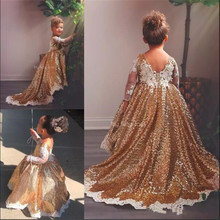 Gold Sequined High Low Flower Girl Dresses For Wedding Lace Long Sleeves Toddler Pageant Gowns Appliqued Ball Gown Custom Made 2024 - buy cheap