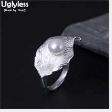 Anéis de prata esterlina 100% real uglin para mulheres, anéis abertos com pérolas naturais, folhas grandes e personalizadas, joia fina 2024 - compre barato