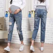 Pregnant women jeans autumn 2019 spring new fashion straight tube tide mother Korea hole loose nine pants 2024 - buy cheap