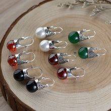 100% Real S925 sterling silver Antique craft women's inlaid bead agate red zircon Thai silver earrings 2024 - buy cheap