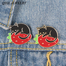 QIHE JEWELRY Fruit Cat Pins Black Cat Brooches Kitty Badges Brooches for women Cute Kawaii Jewelry Gift for Cat lady 2024 - buy cheap