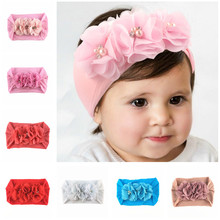 Yundfly/нейлоновая широкая повязка на голову для новорожденных с тремя шифоновыми цветами, повязки с узелком для маленьких девочек, аксессуары для волос 2024 - купить недорого