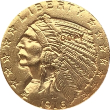 24-k moeda metade álica indiana banhada a ouro 1916-s $5 cópia 2024 - compre barato