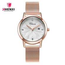 Женские наручные часы Chenxi, элегантные модные часы цвета розового золота с сеткой, водонепроницаемые минималистичные стразы, под платье 2024 - купить недорого