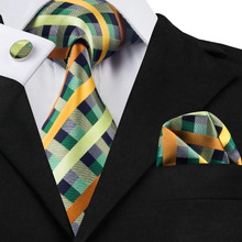 SN-218 Blue Olive Yellowgreen Plaid Tie Hanky Cufflinks Sets Men's 100% Silk Ties for men Formal Wedding Party Groom 2024 - buy cheap