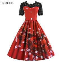 LSYCDS  Christmas Dress Women Lace Vintage Short Sleeve Retro Rockabilly Swing Dress Feminino Robe Party Vestidos 2024 - buy cheap