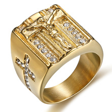 Cristal pavimentado inri crucifixo jesus cruz anel de ouro cor titânio aço inoxidável bling iced out hip hop anéis para jóias masculinas 2024 - compre barato