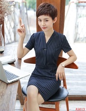 New 2018 Fashion Women Summer Dresses Navy blue Striped Short Sleeve Formal Ladies Work Dress Female OL Styles 2024 - buy cheap