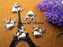 10pcs-Birds Charms, Antique Silver Tone Lovebirds and Heart charm pendants 22x21mm 2024 - buy cheap