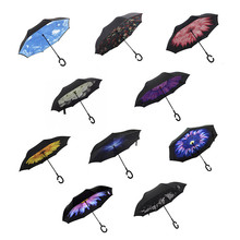 Женский складной зонт с двойным слоем, ветронепроницаемый перевернутый зонт с функцией подставки, защита от дождя, C-Hook 2024 - купить недорого