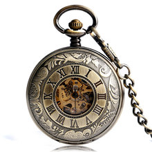 Luxo bronze relógio de bolso mecânico dos homens numberal romano steampunk bolso mecânico fob relógios corrente relogio de bolso presente 2024 - compre barato