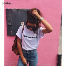 Slithice harajuku camiseta de verão, camiseta feminina casual com estampa escrita love yourself, camiseta da moda, preto, branco e vermelho 2024 - compre barato