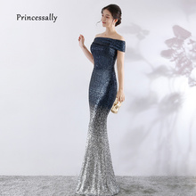 New Mermaid Evening Dress Reflective Fish Tail Sequin Color Fade Navy Sexy Boat Neck Prom Party Gown For Wedding Gown De Fiesta 2024 - buy cheap