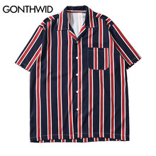 GONTHWID-camisas de playa de Raya Vertical para hombre, ropa de calle de manga corta con bolsillo, Hip-Hop, moda masculina, 2020 2024 - compra barato