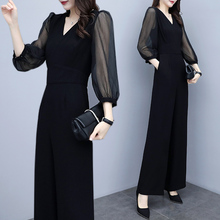 Women's Jumpsuit 2019 Fashion High Waist V-Neck Seven-Point Sleeves Connected Pants Spring Summer Black Casual Chiffon Jumpsuit 2024 - buy cheap