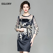 2018 Autumn Fashion Cocktail Party Women Dress Tulle Mesh Embroidery Three Quarter Sleeve Bodycon Sheath Dress Vestidos De Festa 2024 - buy cheap