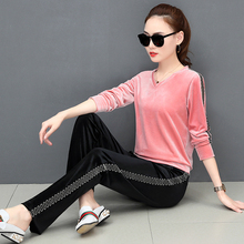 2019 Spring / Fall Women's Brand Gold velvet fabric Tracksuits Velour suit women Track suit Hoodies and Pants Pink 3XL 2024 - buy cheap