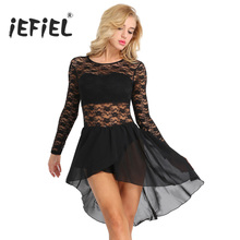 IEFiEL женское платье для взрослых с длинным рукавом и цветочным кружевом, асимметричное шифоновое трико, боди, балетное танцевальное платье-пачка для выступлений 2024 - купить недорого