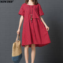MIWIMD Women Summer Dresses 2018 New Fashion Casual Loose Cotton Linen Striped Short Sleeve Patchwork Vintage Dress Big Size 2024 - buy cheap