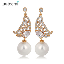 LUOTEEMI Jewelry Luxury Champagne Gold-Color AAA Cubic Zirconia Paved Butterfly Imitation Pearl Dangle Earrings For Women 2024 - buy cheap