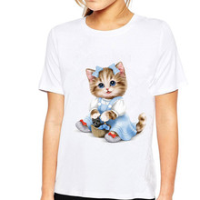 Tshirt Women Cute Cartoon Cat Sprouting Print Round Neck Short Sleeve White T-shirt Camiseta Mujer Top Women Harajuku T Shirt 2024 - buy cheap