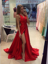 Красное вечернее платье-трапеция 2019, вечернее платье с V-образным вырезом, пятнистым разрезом, открытой спиной и шлейфом, женское платье 2024 - купить недорого