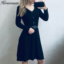 Hirsionsan-Vestido largo de punto con cuello en V para mujer, vestido ajustado con botones y fajas para oficina, otoño e invierno, 2019 2024 - compra barato