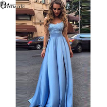 Light Blue Prom Dresses 2021 A Line Spaghetti Straps Lace Satin Party Maxys High Split Long Prom Gown Mint Evening Dress 2024 - buy cheap